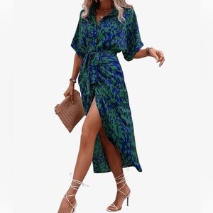 Elegant Blue and Green Women's Button Up with Tie Dress